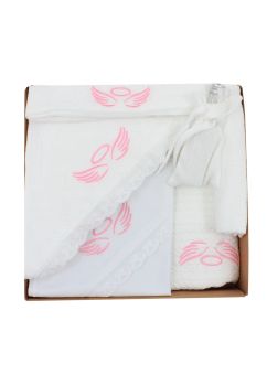 Trusou botez, 7 piese, Aripi de ingerasi roz, bumbac, alb