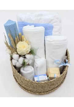 Trusou botez muselina, 8 piese, Eli, alb cu albastru