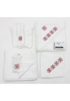Trusou botez muselina, 8 piese, Flavi, cu model, alb