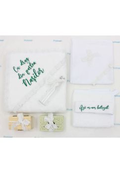 Trusou, Cu drag din partea nasilor, 7 piese, cu dantela, bumbac, alb cu verde
