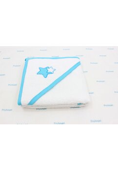 Prosop cu gluga, bumbac, stelute turcoaz, 80 x 100 cm, alb