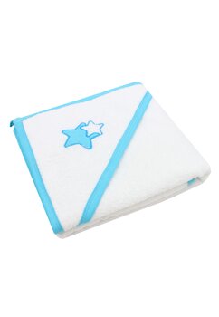 Prosop cu gluga, bumbac, stelute turcoaz, 80 x 100 cm, alb