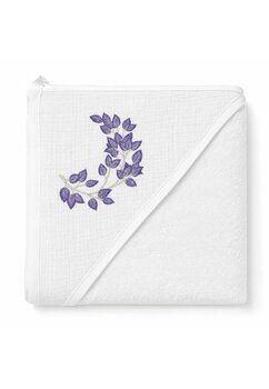 Prosop cu gluga, frunze mov, muselina si bumbac, alb, 80x100 cm