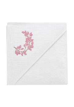 Prosop cu gluga, frunze roz, muselina si bumbac, alb, 80x100 cm
