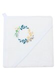 Prosop cu gluga, Frunzulite multicolore, bumbac si muselina, alb, 80 x 100 cm