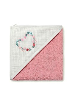 Prosop cu gluga, Heart, muselina si bumbac, roz, 80x100 cm