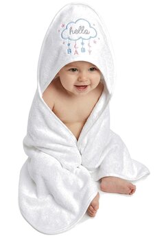 Prosop cu gluga, hello baby, bumbac, alb, 80x100 cm