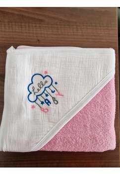 Prosop cu gluga, hello baby, muselina si bumbac, roz, 80x100 cm