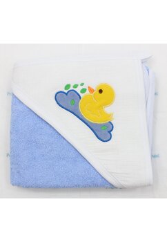 Prosop cu gluga, little duck, muselina si bumbac, albastru, 80x100 cm