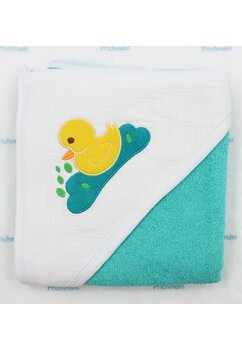Prosop cu gluga, little duck, muselina si bumbac, turcoaz, 80x100 cm