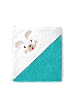 Prosop cu gluga, little puppy, muselina si bumbac, turcoaz, 80x100 cm