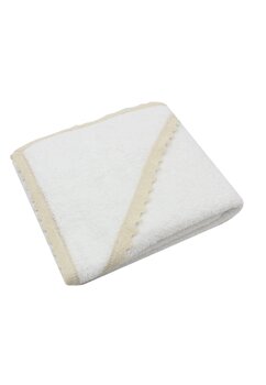 Prosop cu gluga, Olivia cu dantela crem, bumbac, alb, 80 x 90 cm