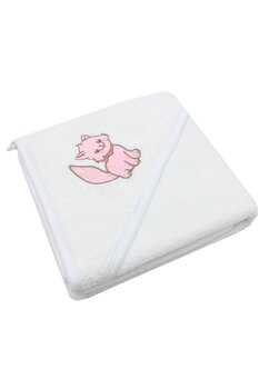 Prosop cu gluga, pisicuta roz, bumbac, alb, 80 x 100 cm