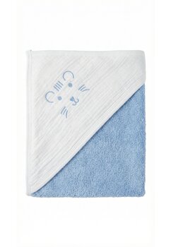 Prosop cu gluga, Tigrisor, muselina si bumbac, albastru, 80x100 cm