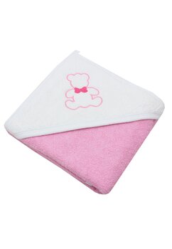 Prosop cu gluga, Ursulet cu fundtita, bumbac, roz, 80 x 100 cm