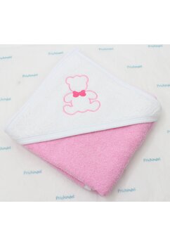 Prosop cu gluga, Ursulet cu fundtita, bumbac, roz, 80 x 100 cm