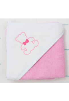 Prosop cu gluga, Ursulet cu fundtita, bumbac, roz, 80 x 100 cm