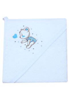 Prosop cu gluga, Ursulet cu inimioara albastra, bumbac, alb, 80 x 100 cm
