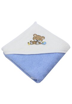 Prosop cu gluga, Ursulet cu minge, bumbac, albastru, 80 x 100 cm