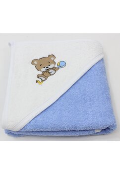 Prosop cu gluga, Ursulet cu minge, bumbac, albastru, 80 x 100 cm