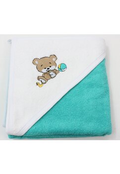 Prosop cu gluga, Ursulet cu minge, bumbac, turcoaz, 80 x 100 cm