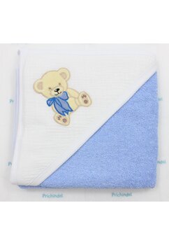 Prosop cu gluga, Ursuletul cu fundita, muselina si bumbac, albastru, 80x100 cm