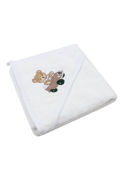 Prosop cu gluga, ursuletul Martinel in masinuta, bumbac, alb, 80 x 100 cm
