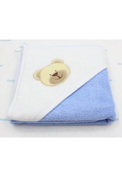 Prosop cu gluga, Ursuletul Martinel, muselina si bumbac, albastru, 80x100 cm