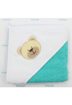 Prosop cu gluga, Ursuletul Martinel, muselina si bumbac, turcoaz, 80x100 cm