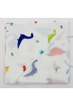 Prosop muselina, dinozauri colorati, cu gluga, alb, 80 x 100 cm