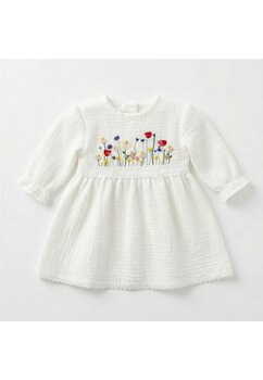 Rochita botez maneca lunga, din muselina cu broderie, Clara, alb