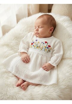 Rochita botez maneca lunga, din muselina cu broderie, Clara, alb