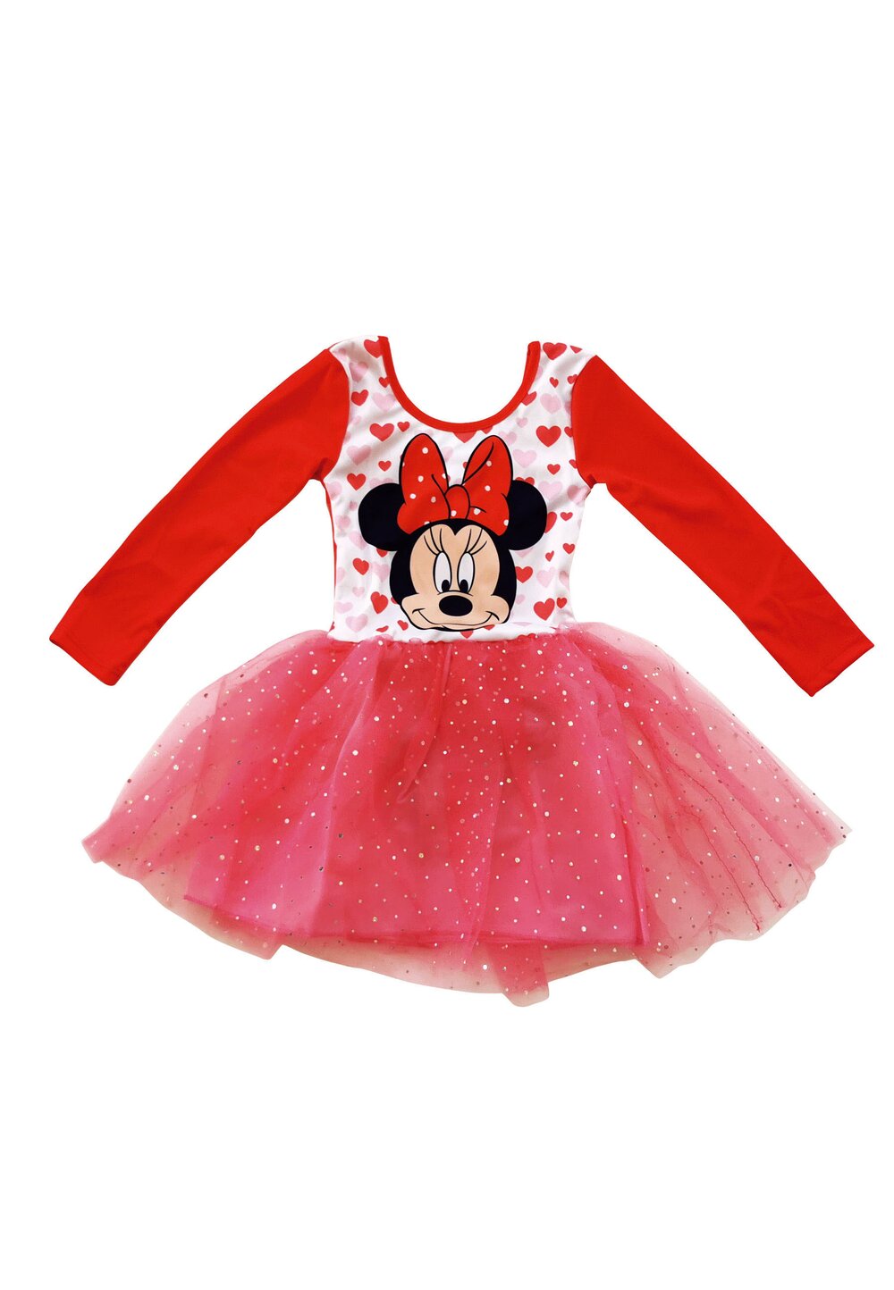 Rochie maneca lunga din poliester, cu imprimeu, Minnie cu inimioare, rosie