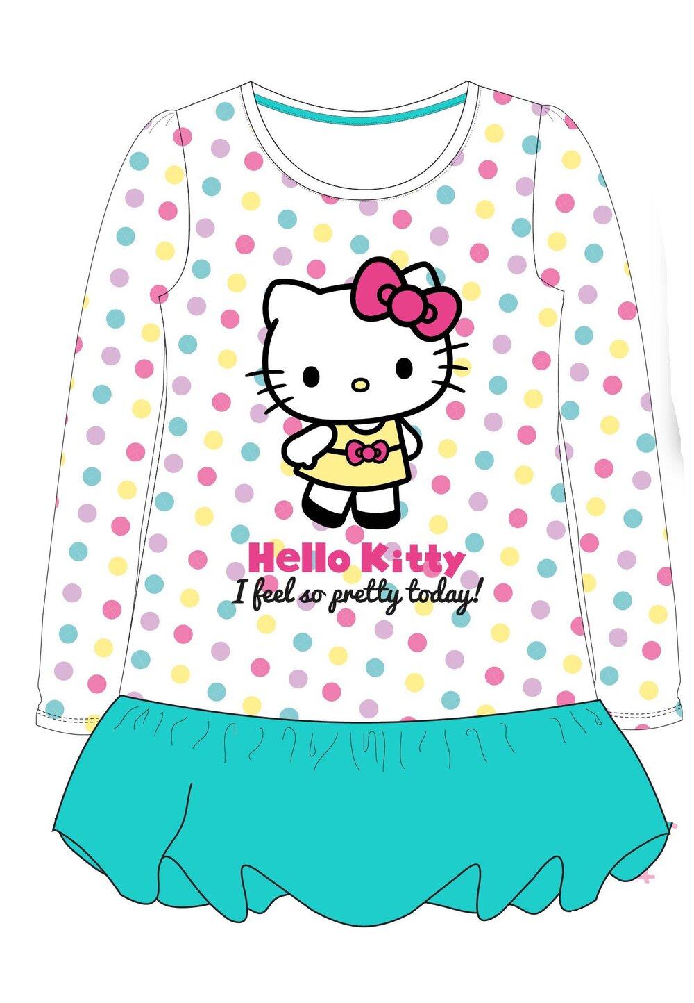 Rochie maneca lunga, I feel so gretty today, Hello Kitty, turcoaz
