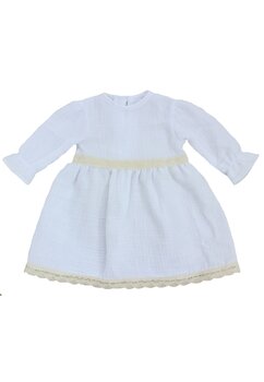 Rochie muselina, maneca lunga, Rebecca cu dantela, alb