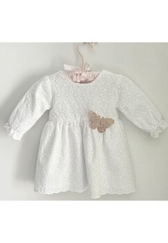 Rochita botez maneca lunga, din bumbac brodat, cu fluturas, Ella, alb