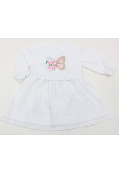 Rochita botez, maneca lunga, din muselina, Butterfly, alb