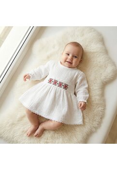 Rochita botez, maneca lunga, din muselina cu broderie, Flavi, alb