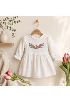 Rochita maneca lunga, din muselina, broderie cu lalele, alb
