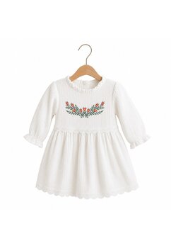 Rochita maneca lunga, din muselina, broderie cu lalele, alb