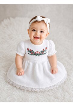 Rochita maneca scurta, din muselina, broderie cu lalele, alb