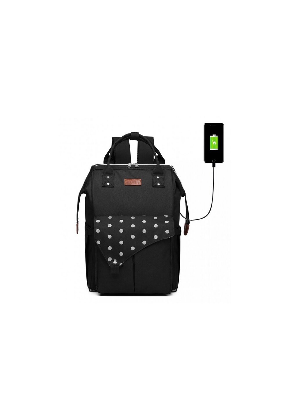Rucsac pentru mamici, cu mufa USB, negru cu buline mari