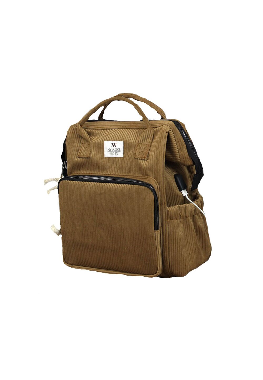 Rucsac pentru mamici din catifea, cu mufa USB, Anne, crem