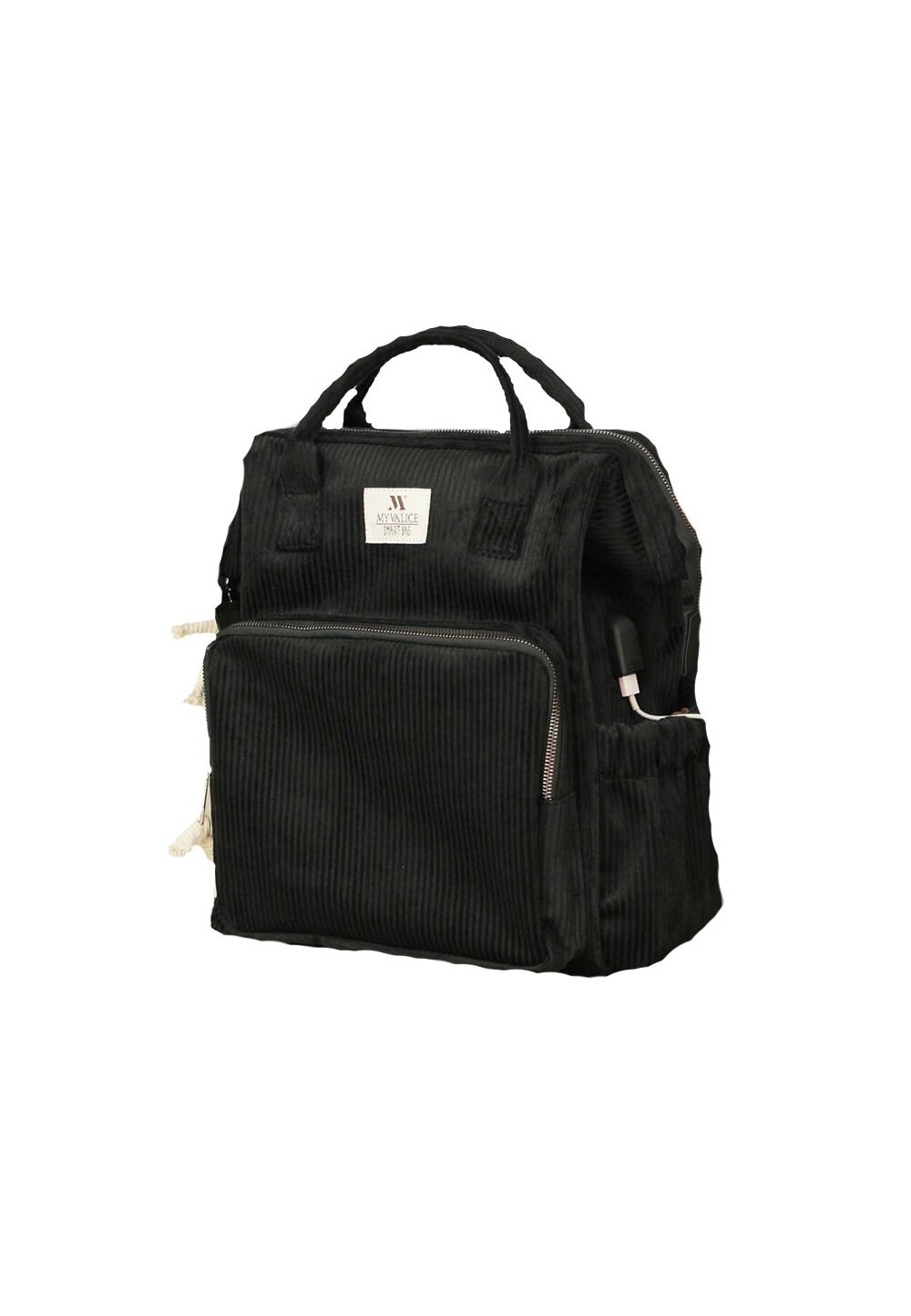 Rucsac pentru mamici din catifea, cu mufa USB, Anne, negru