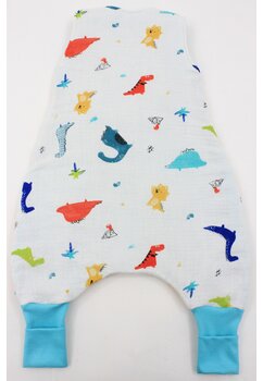 Sac de dormit, cu umplutura, muselina dinozauri colorati, cu picioare