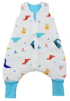 Sac de dormit, cu umplutura, muselina dinozauri colorati, cu picioare