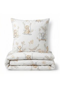 Set 2 piese, fata plapuma si fata perna, animale pe leagan, bumbac, crem, 100x135 cm