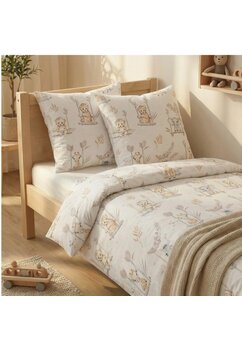 Set 2 piese, fata plapuma si fata perna, animale pe leagan, bumbac, crem, 100x135 cm