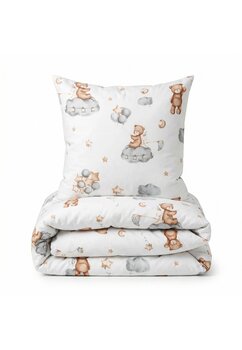 Set 2 piese, fata plapuma si fata perna, urs cu baloane, bumbac, alb, 100x135 cm
