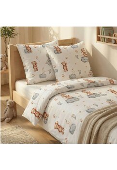 Set 2 piese, fata plapuma si fata perna, urs cu baloane, bumbac, alb, 100x135 cm
